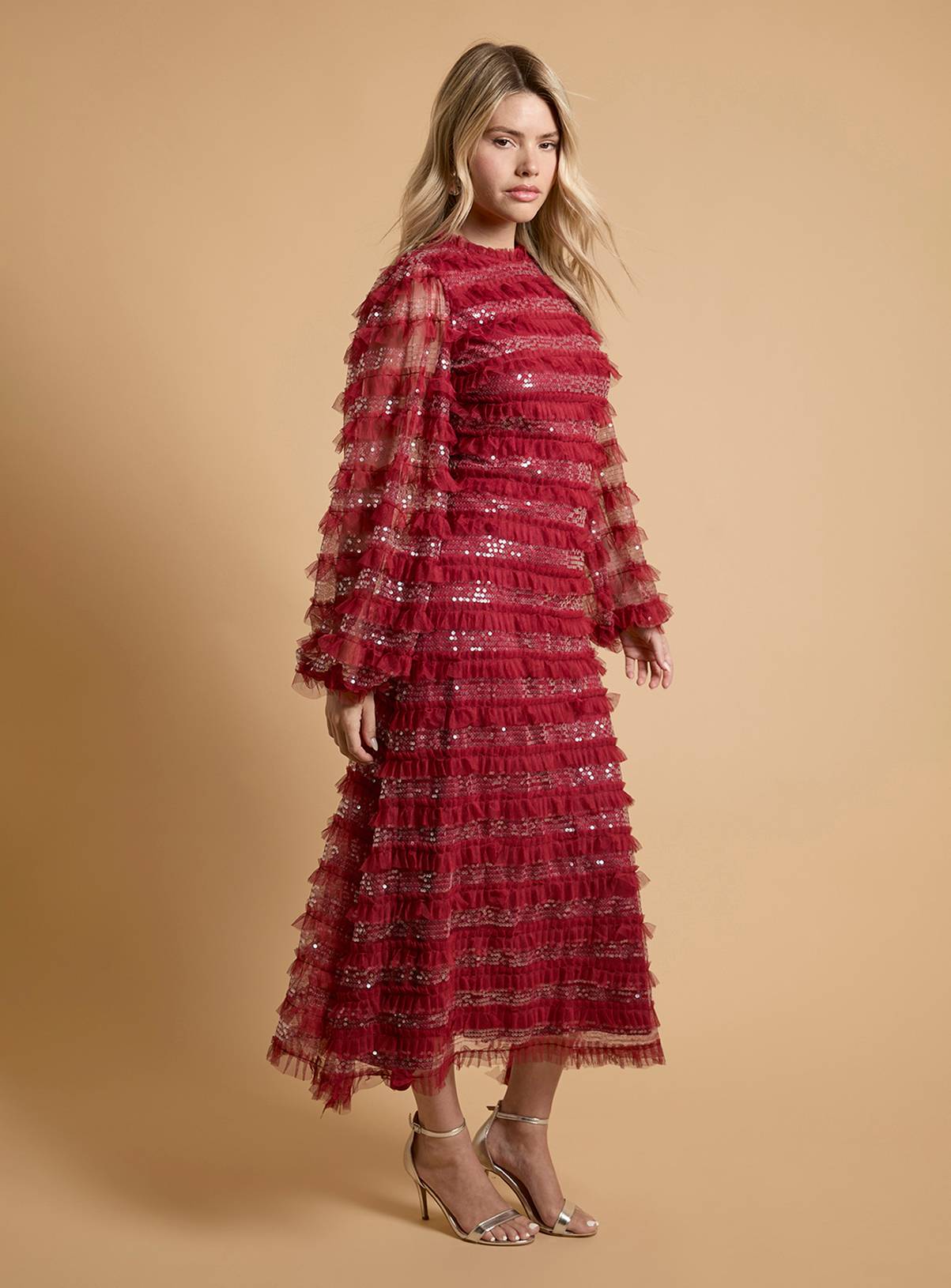 OASIS Long Sleeve Sequin Mesh Midaxi Dress Red 6 - Image 4